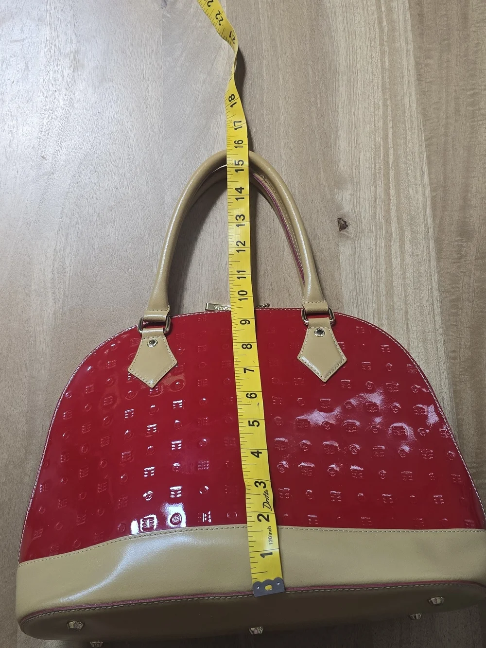Arcadia Italy Red Patent Leather Embossed Monogram Dome Satchel Handbag